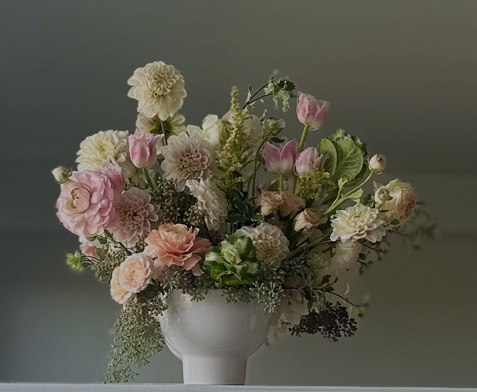 White & Pastel luxury arrangement in compote.