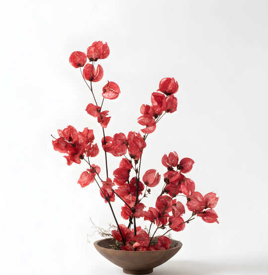 Red Bougainvillea Arrangement – Wooden Bowl