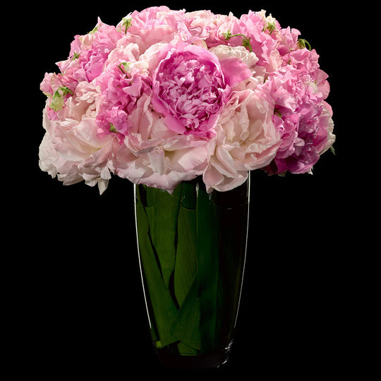 Bouquet of pink and white flowers in a clear vase on a black background