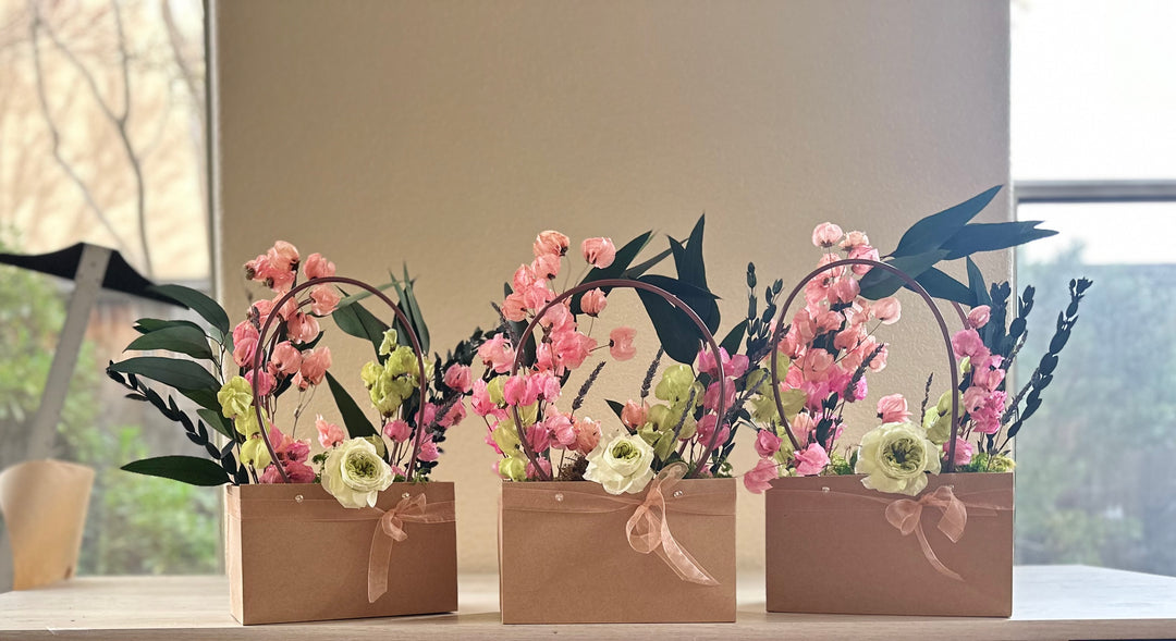 Carton of Eden dried and preserved flower arrangement in craft tote
