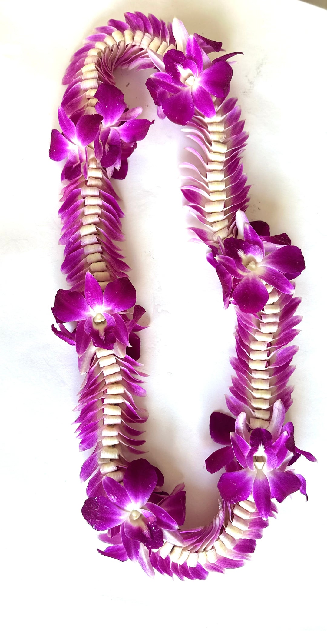 Lei made of purple and white flowers on a white background