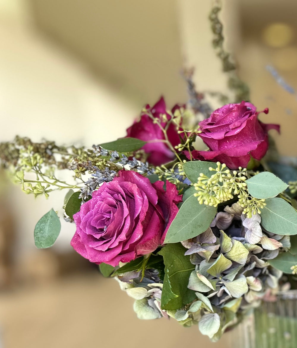 Antique hydrangea and rose arrangement