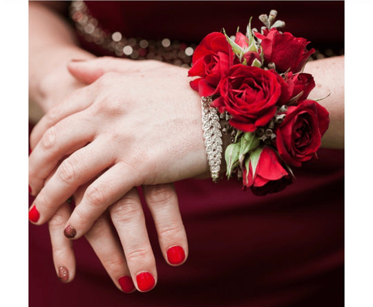 Ruby red wrist corsage