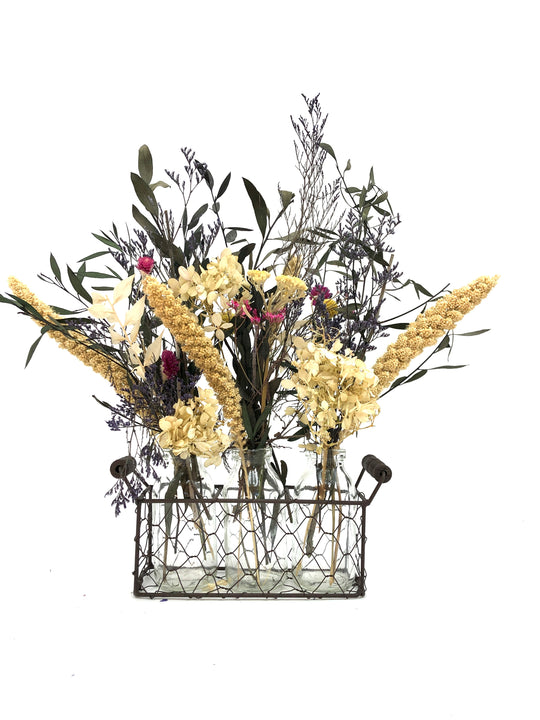 Farmhouse style milk bottle in basket bouquet