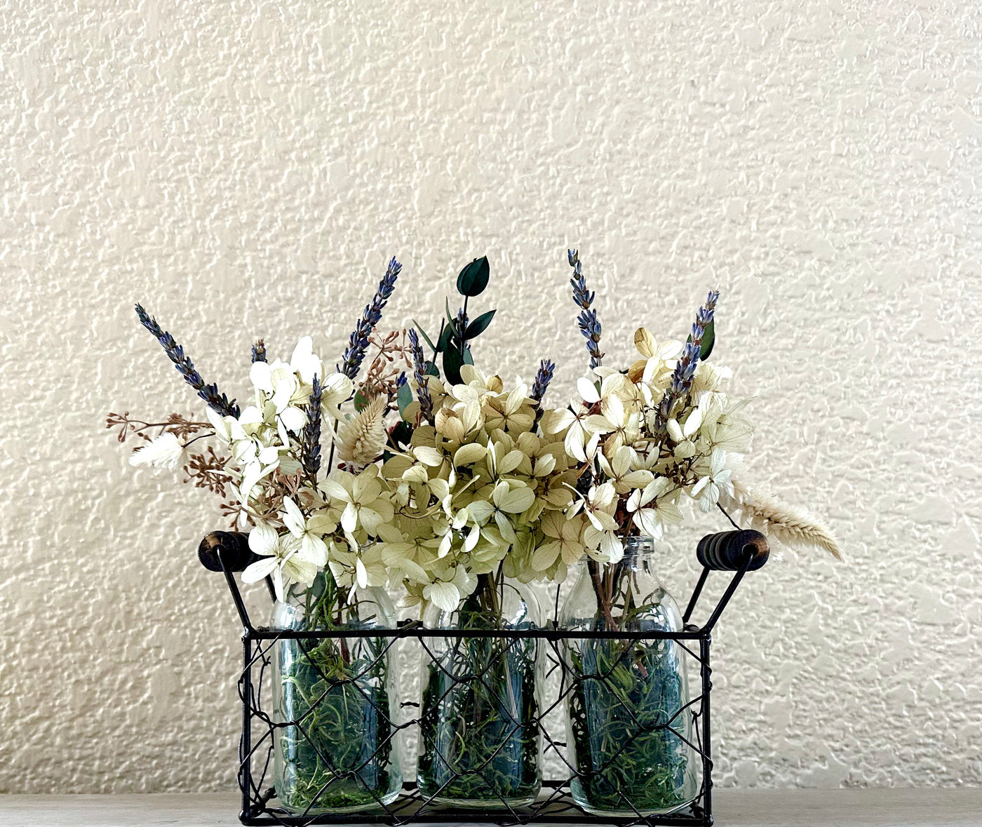 Farmhouse style milk bottle in basket bouquet - Real Flowers Every Day 