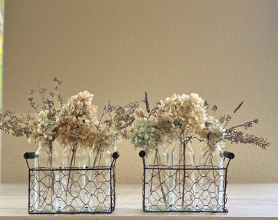 Farmhouse style milk bottle in basket bouquet - Real Flowers Every Day 